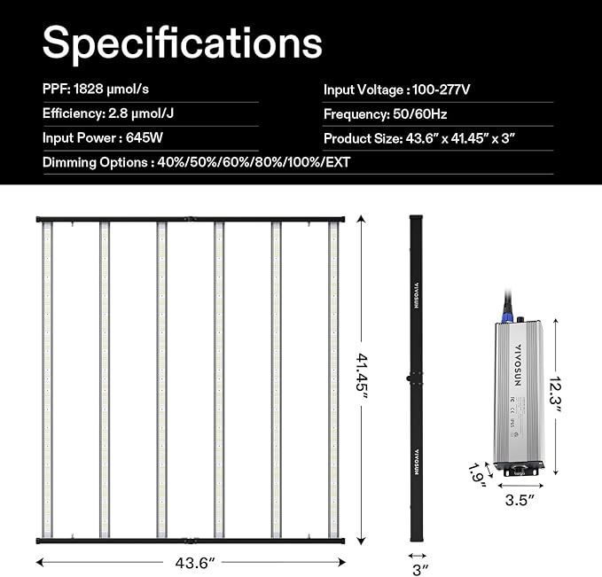 VIVOSUN VSFL6450 Bar LED Grow Light 645W 6 Bars Plant Grow Light Foldable &amp Dimmable Full Spectrum with UR/FR Light for Indoor Plants