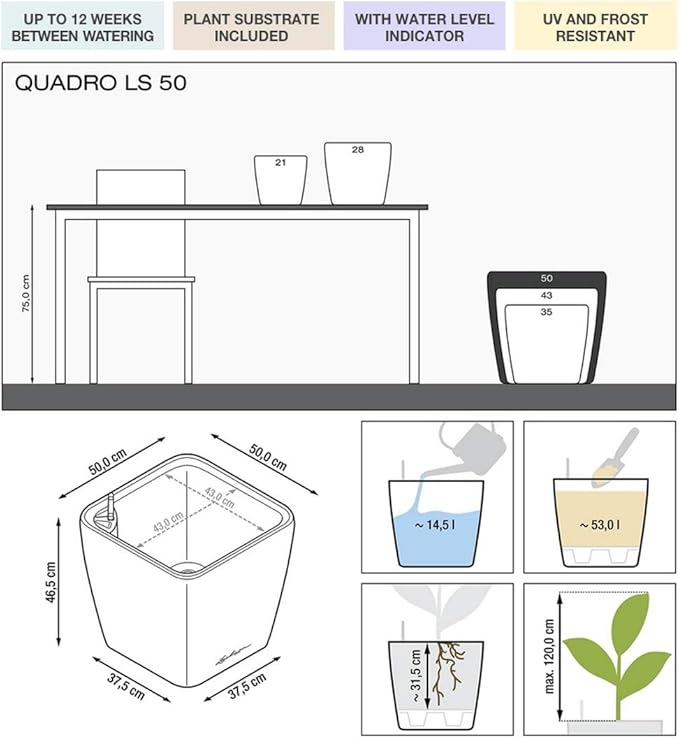 Lechuza Quadro LS 50 Black High Gloss Self-Watering Large Square Planter H18.5 L19.7 W19.7 in