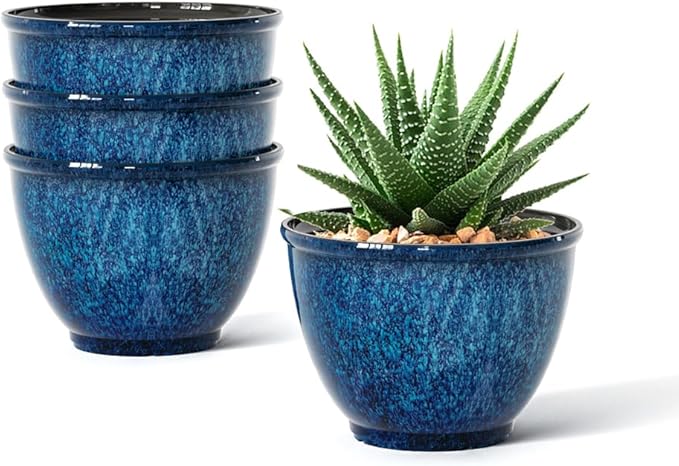 Plant Pots Set of 4 Plastic Planters with Drainage Hole 8 Inch Glaze Plastic Flower Pots for Plants Nursery Planting Pot Planter for Indoor Outdoor Home Decorative(Blue)