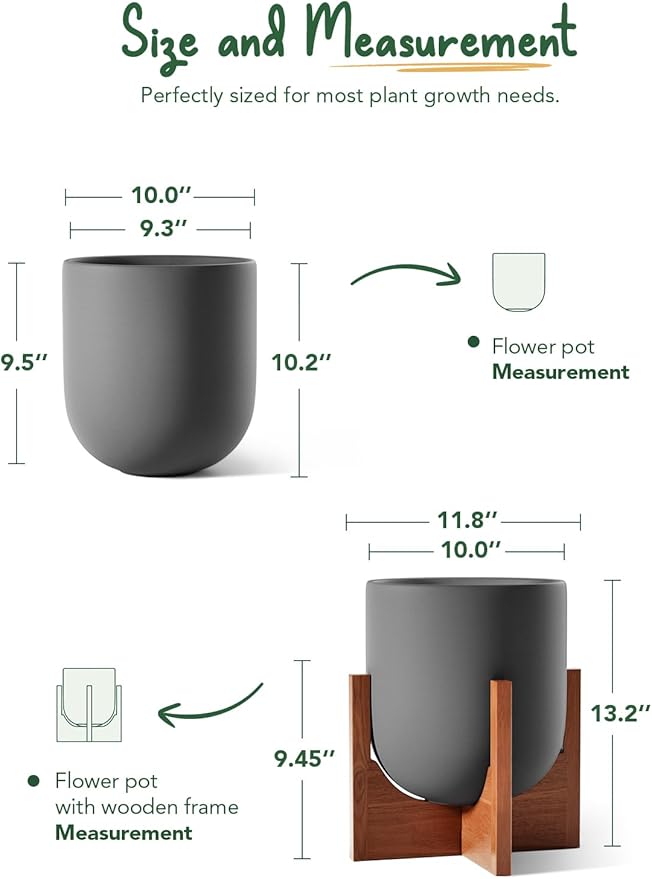 LE TAUCI 10 Inch Plant Pot with Acacia Wood Stand Ceramic Planters for Indoor Plants Plant Pots Indoor for Home Decor Mid-Century Modern Pots for Plants with Drainage Hole and Plug Charcoal Gray