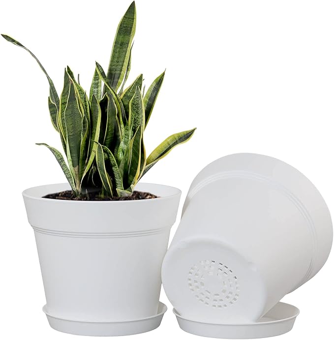 WOUSIWER 16 Pack 6 inch Plastic Planters for Indoor Flower Pots Heavy Duty and Stylish 6 Inch Plant Pots for Indoor Plants with Drainage Holes and Tray for Plants Flowers White