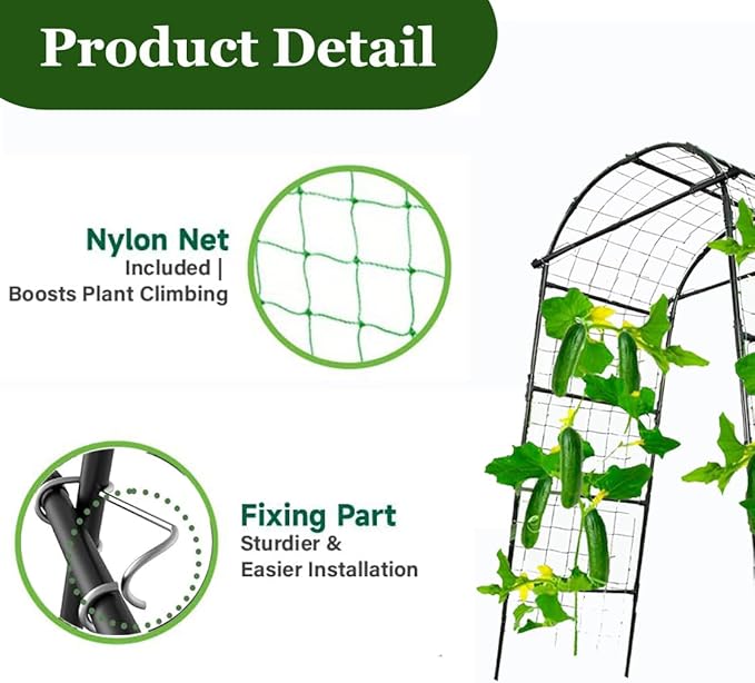 80 Inch Tall Garden Arch Trellis for Climbing Plants Outdoor Cucumber Trelli for Raised Bed Metal Trellis Support with Net for Vegetables Tomato Zucchini Squash Beans Peas Melons Rose FlowersVines