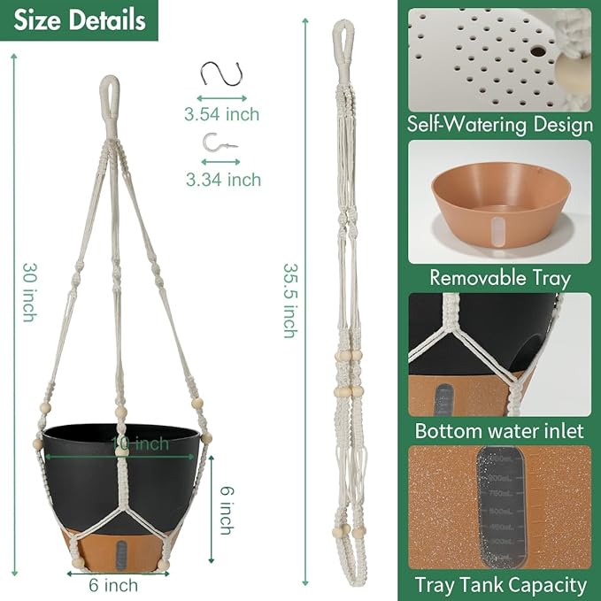 Self-Watering Hanging Planters for Indoor Plants Set 2-Piece Includes Plant Hanging Pot Drainage-Hole Hanging Pot and Hanging Basket Rack (10 Inches Black)