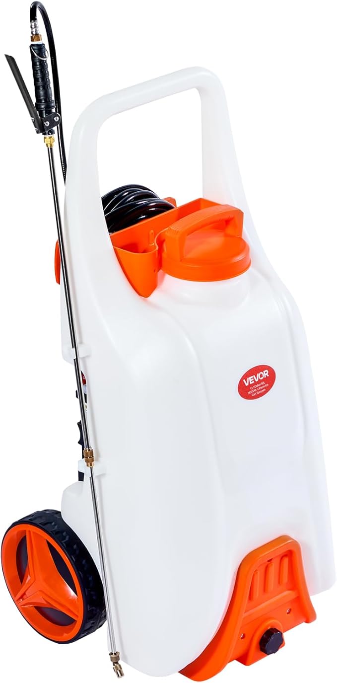 VEVOR 13.1 Gallon Battery Powered Sprayer with Wheels Adjustable 0-80 PSI 5 Nozzles and 98ft Hose Included Orange