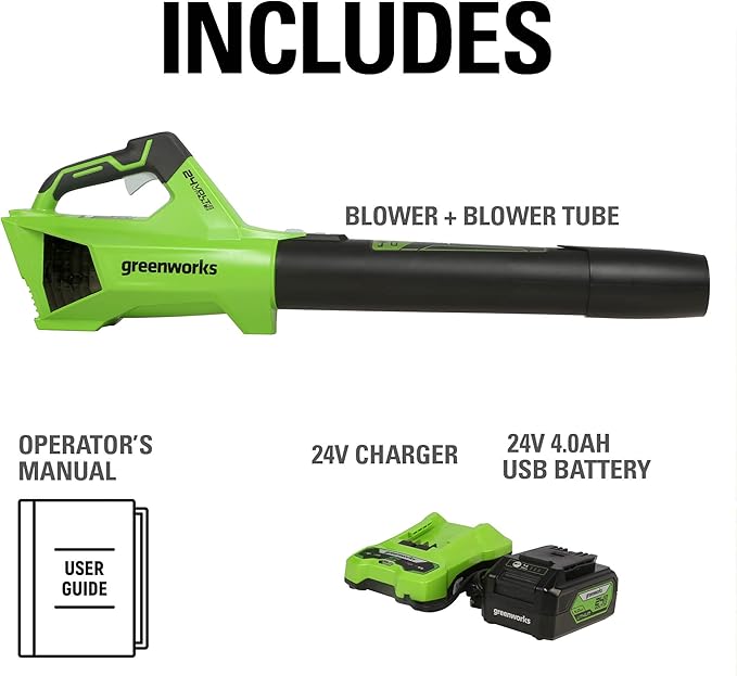 Greenworks 24V (110 MPH / 450 CFM / 200+ Compatible Tools) Cordless Brushless Axial Leaf Blower 4.0Ah Battery and Charger Included
