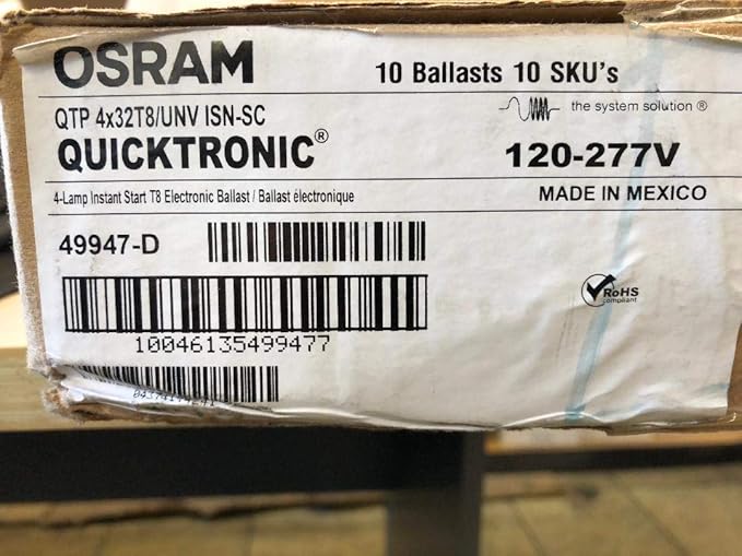 Osram Sylvania QTP4X32T8/UNV ISN-SC 49947 120-277V Non-Dimmable 4 Lamp Instant Start Electronic Ballast - 10 Pieces