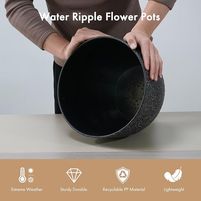 12 Inch Wide Water Ripples Flower Pots for Indoor or Outdoor Plants Large Plant Pots with Drainage Holes &amp Saucer Plastic Planters Set for Garden &amp Home Decor (Black with White Speckles)