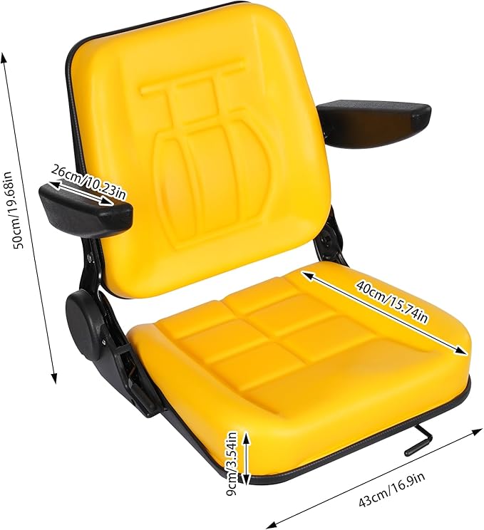 Universal Tractor Seat Forklift Lawn Mower Seat w/Armrests &amp Adjustable Backrest 30 ° -180 ° for Mowers Dozers Aerial Lifts Floor Scrubbers (Yellow)