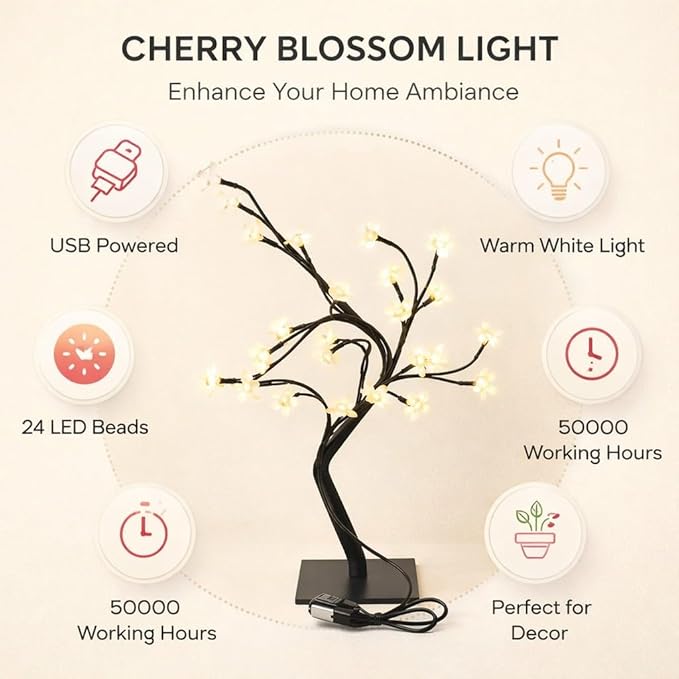 Cherry Blossoms Tree Lamp USB Powered Bonsai Light 24 LED Warm White - Twinkling Cherry Blossom Lights Decor Romantic Home and Office Accent