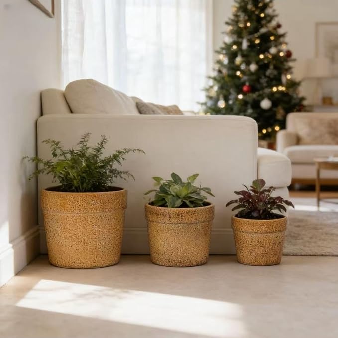 Handmade Ceramic Planter Set of 3 15129 Inch Diameter Earth Tone Speckled Glaze for Orchids Indoor Plants Windowsill Bookshelf Use Breathable Clay