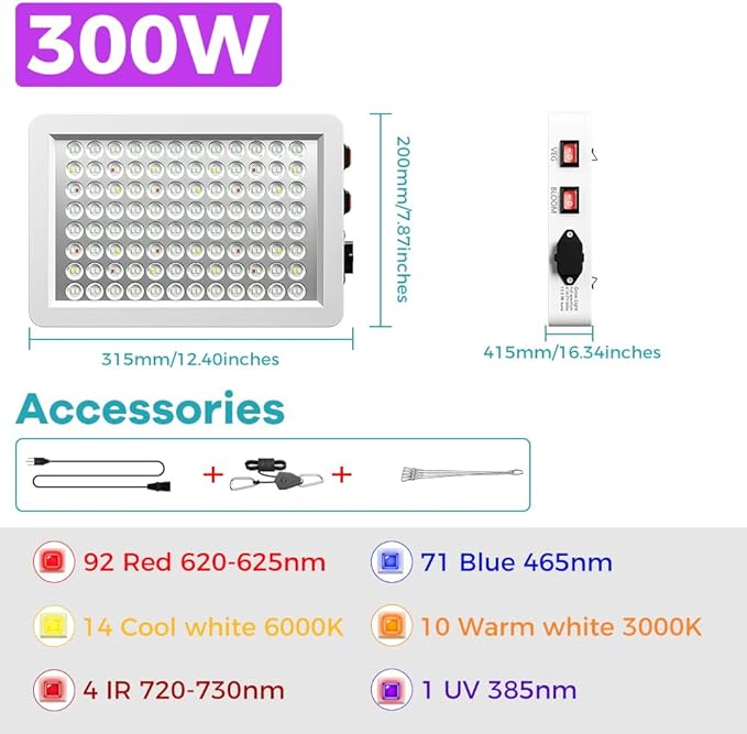 2pcs 300W LED Growth Lights Red Blue Full Spectrum Plant Lamps 192Led Veg/Bloom Modes Dimmable Warm White Light Greenhouse Hydroponics 100-277V Indoor IR Seeds Cultivation Lighting with Hook US Plug