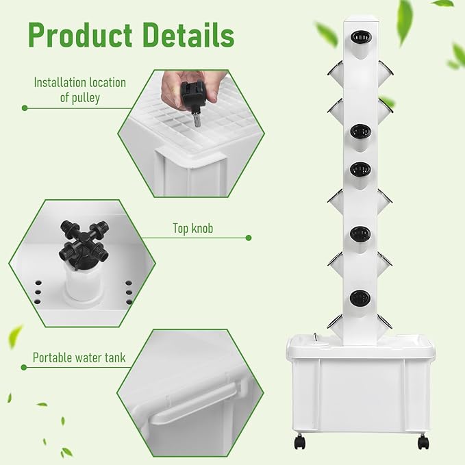 Hydroponic Tower Growing System with Pump and Wheels 20-Plant Vertical Garden Planter 5-Tier Indoor Herb Growing Kit Movable Hydroponics for Home Gardening Enthusiasts White 1 US Plug