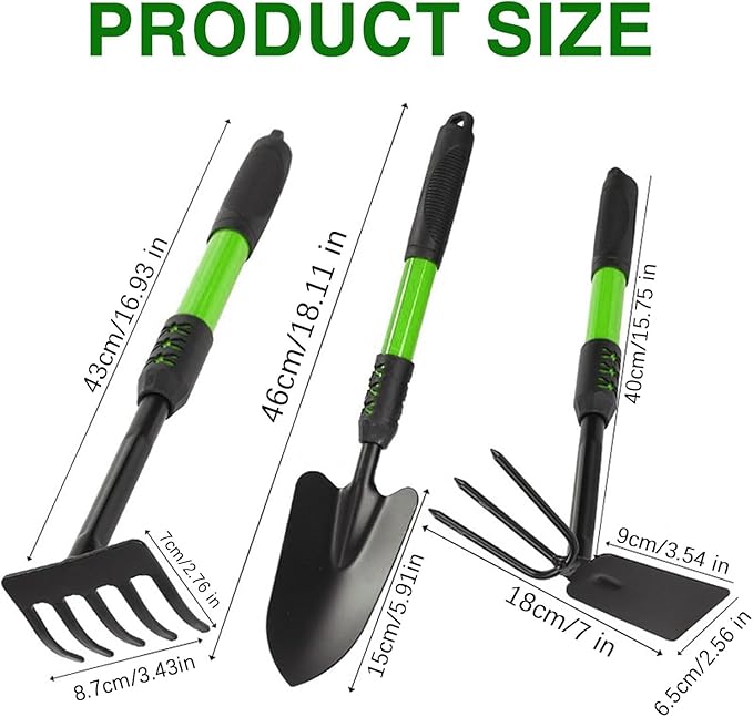 Garden Tool Set 3 Pack Stainless Steel Heavy Duty Hand Cultivator Hoes Shovel for Planting Weeding Digging Green