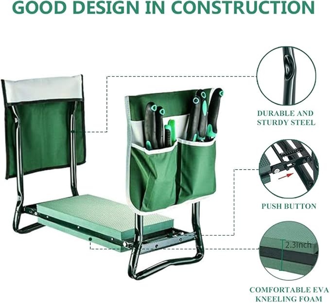 BESTHLS Garden Kneeler and Seat - Heavy Duty Folding Stool with Thick Pad 2 Tool Pouches 330 lbs Capacity - Knee &amp Back Support Perfect for Seniors Women Men