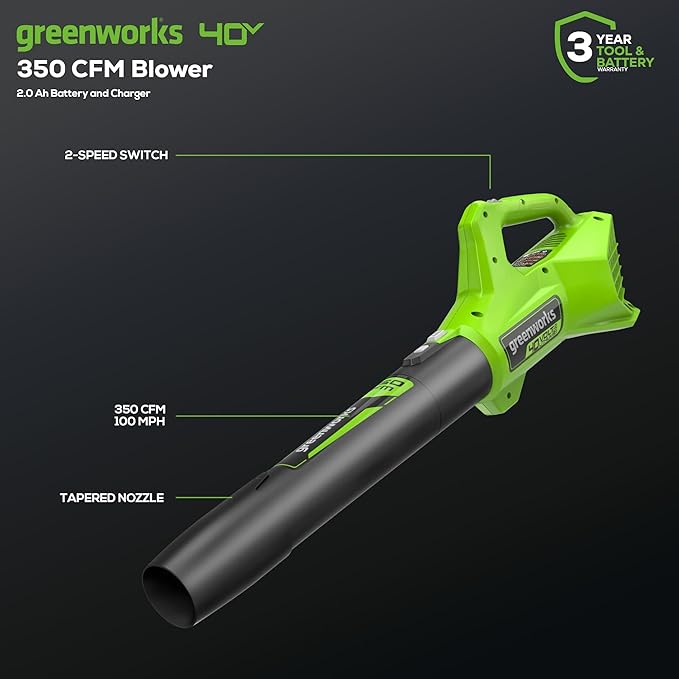 Greenworks 40V (100 MPH / 350 CFM) Cordless Axial Leaf Blower 2.0Ah Battery and Charger Included