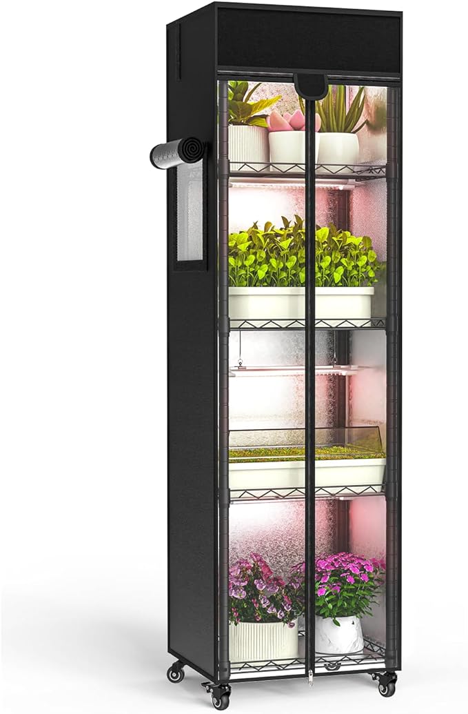 Indoor Greenhouse with Grow Light 5 Tier 15.7 L×11.8 W×62.3 H growtent with Lights with 48W Full Spectrum Growing LampsMetal Indoor Plant Enclosure for Seed Starting