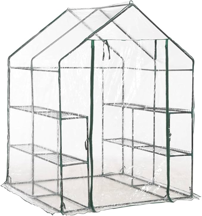 vidaXL Greenhouse with 8 Shelves and Steel Frame – Extend Your Growing Season - Transparent PVC Cover - 4.7'x4.7'x6.4' - Easy Setup for Gardening Enthusiasts