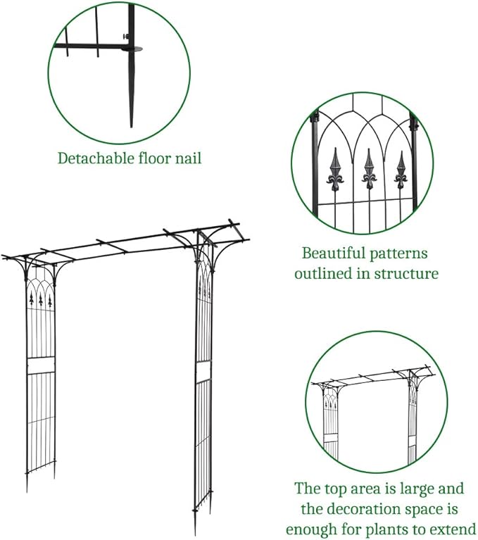 7FT Metal Garden Arch Trellis Heavy Duty Metal Garden Arbor with Stakes for Climbing Plants Outdoor Patio Stable Trellis Arch for Wedding Ceremony Party 81 L x 16 W x 82 H Black 13mm