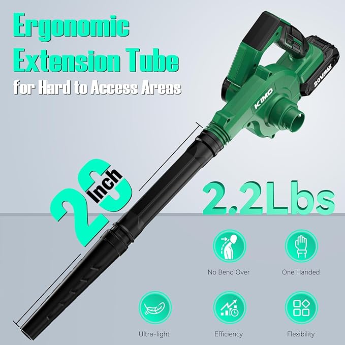 K I M O. Cordless Leaf Blower and Vacuum Combo 4 In 1 3 Nozzles for Inflation and Deflation 190MPH/260CFM Smart Panel with 3 Modes 20 Extended Tube 2000mAh Battery Cordless Blowers for Lawn Care
