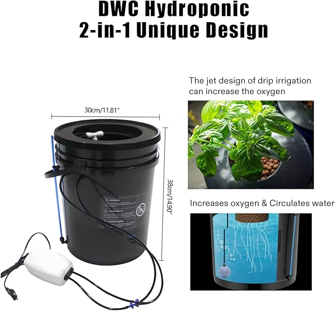 RDWC Hydroponics System Kit 5 Gallon Deep Water Culture (DWC) Bucket Kit Recirculating with Air Pump Air Stone for Indoor Growing Complete 1 Bucket + Reservoir