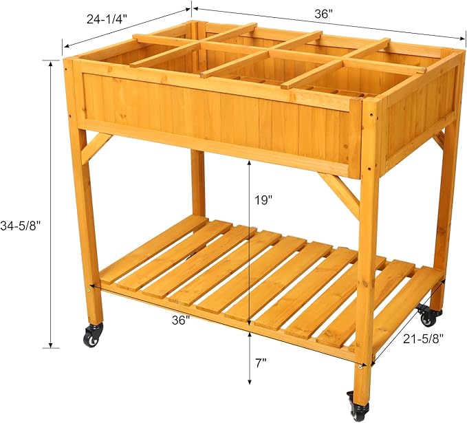 Elevated 8 Pocket Herb Garden BedMobile Raised Customizable Wood Planter for HerbsVegetablesFlowers w/Lockable WheelsStorage ShelfDrainage Holes