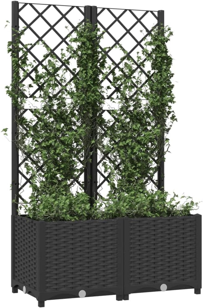 Matte Black Rectangular Garden Planter with Trellis 31.5x15.7x53.5 Durable Polypropylene Raised Bed for Patio Balcony Terrace Outdoor Use
