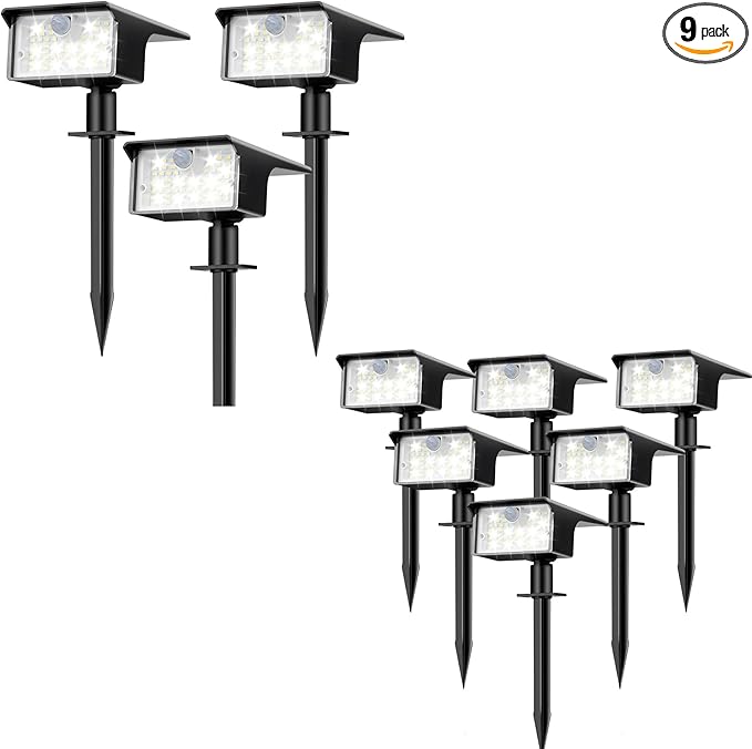 nipify Solar Spot Lights Outdoor Motion Sensor [9 Pack/62 LED]3 Modes Solar Landscape Spotlights Outdoor Waterproof 2-in-1 Solar Lights Outdoor Wall Lights for Yard Garden Patio Pathway Cool White