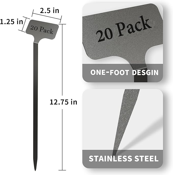 Stainless Steel Plant Labels Metal Waterproof Plant MarkersHeight 12.75 in Label Area 2.5 in*1.25 in resuable Nursery Tags for Vegetables herb Flower Seed Green House- 20-Pack