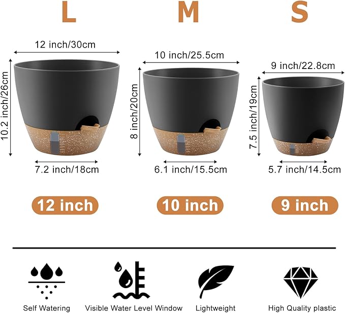Self-Watering Plant Pots with Water Level Indicator Drainage Holes &amp Saucers – 12/10/9 Inch Large Plastic Planter Set for Indoor &amp Outdoor Plants(Black)