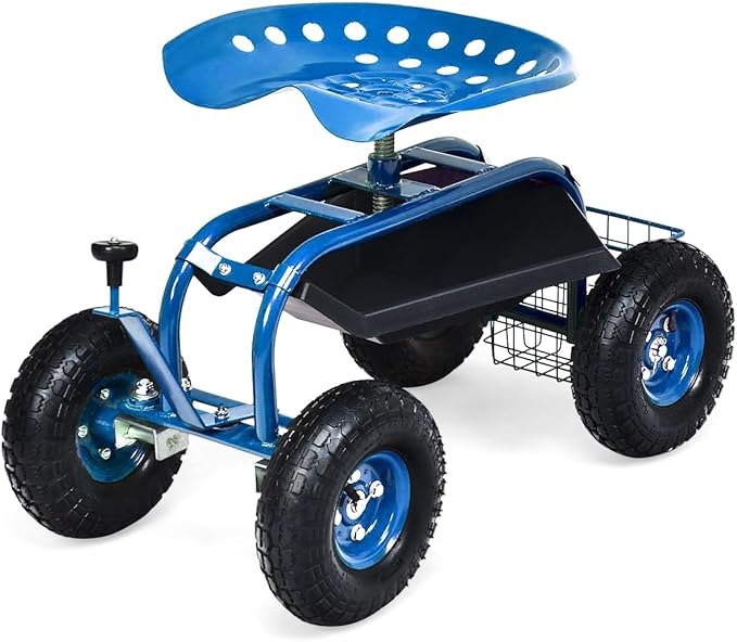 Goplus Garden Seat with Wheels Rolling Garden Cart with 360 Degree Swivel Seat for Planting Gardening Stool w/Tool Tray Basket Gardening Chair Workseat Patio Wagon Scooter for Seniors