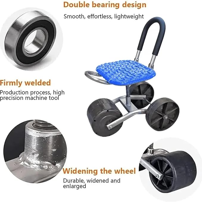 Garden Seat with Wheels Garden Cart Rolling Stool 360 Degree Swivel Foldable Gardening Seat with Adjustable Height Garden Cart for Outdoor Use