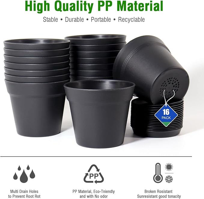 WOUSIWER 16 Pack 6 inch Plastic Planters for Indoor Flower Pots Heavy Duty and Stylish 6 Inch Plant Pots for Indoor Plants with Drainage Holes and Tray for Plants Flowers Black