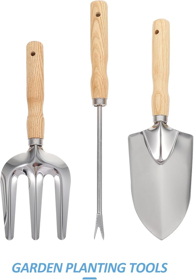 5pcs Garden Tool Set with Stainless Steel Handheld Spade Rake and Cultivator Wooden Handle Soil Loosening Tools for Outdoor Planting and Weeding Portable Gardening Kit for Home