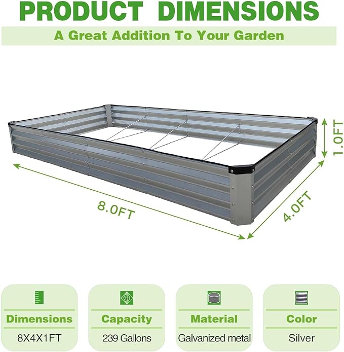 GrowHaus 8x4x1FT Galvanized Raised Garden Bed Planter Boxes Outdoor Large Metal Garden Beds for Planting Vegetables Flowers Herbs Rectangle Silver