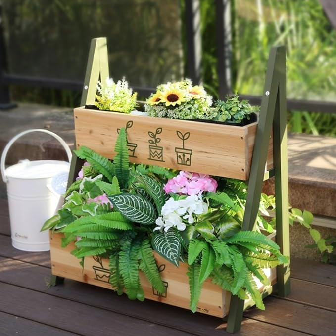 Solid Wood Raised Planter Box with Double Planter Floor-Standing Garden Bed for Outdoor Plants Modern Wooden Flower Rack for Balcony Courtyard Patio and Nursery Use(Natural)