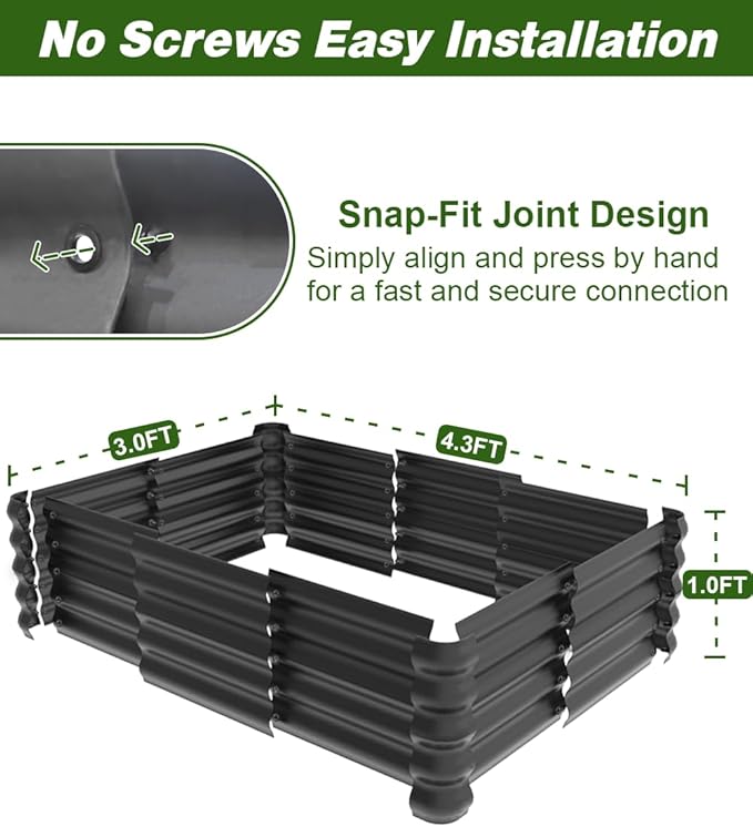 4.3x3x1ft Raised Garden Bed Kit for Outdoors Rustproof PP Raised Planter Box Large Garden Box Flower Bed with Press-Fit Assembly Gardening Containers for Vegetables Flowers Herbs Balck