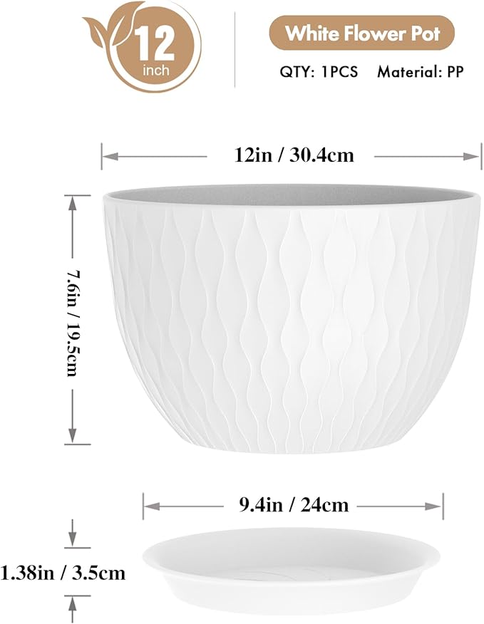 12 Inch Large Plant Pots for Indoor or Outdoor Plants Wide Water Ripples Flower Pots with Drainage Holes &amp Saucer Plastic Planters Set for Garden &amp Home Decor (White)