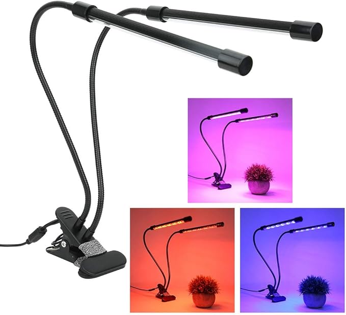 USB LED Grow Light with Clip 18W Red and Blue Plant Growing Lamp for Indoor Hydroponics - Adjustable 360 Degree Flexible Arm Energy Efficient Aluminum Housing Timing Function