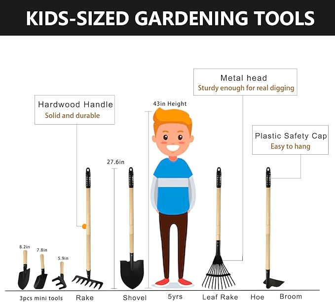 Kids Rake and Shovel Sets 7PCS Child Metal Gardening Tools for Real Digging-Great for Garden Yard Sandbox Lawn Camping Play Outdoor Toys for Ages 2-4 5-7 Years Old