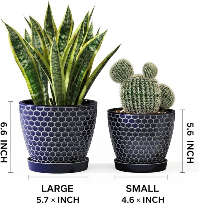 Docrin Blue Honeycomb Ceramic Plant Pot Set - 6.6+5.5 Inch Modern Decorative Planters with Drainage Holes &amp Saucers for Indoor/Outdoor Home Office