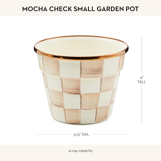 MACKENZIE-CHILDS Enamel Garden Pot Decorative Pot for Plants Outdoor Flowerpot Decor Small Brown-and-White Mocha Check