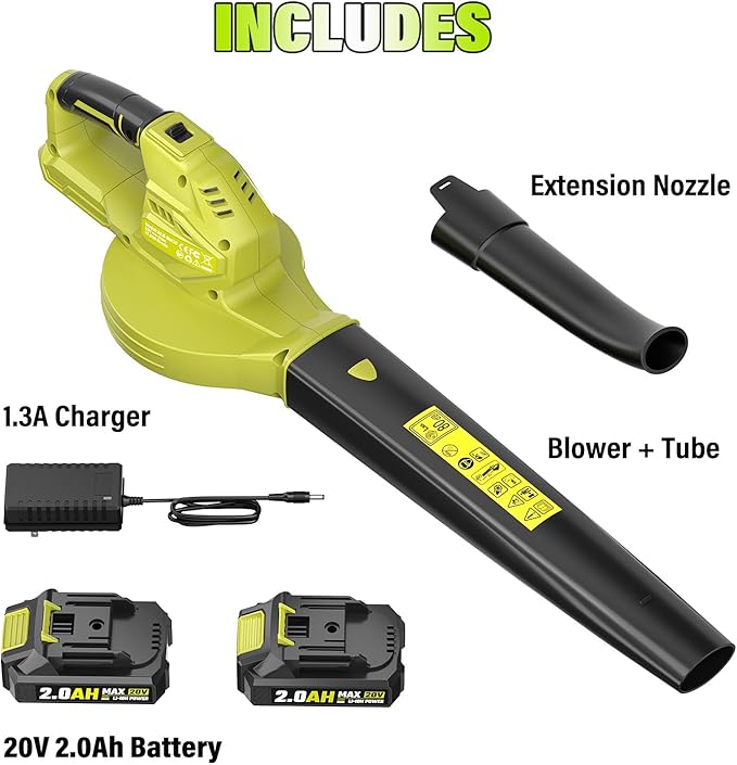 SEYVUM Leaf Blower 20V Cordless Blower with 2 x 2.0Ah Battery Electric Leaf Blowers for Lawn Care 350 CFM 150 MPH Battery Powered Leaf Blower for Patio Garden Cleaning Fast Charger Lemon Green
