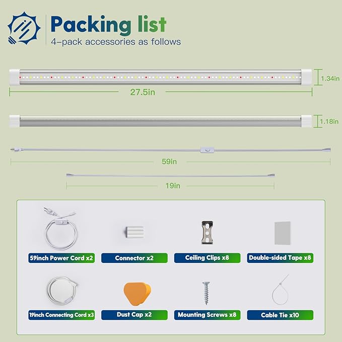 FREELICHT T8 Grow Lights for Indoor Plants 2FT Full Spectrum 120W(4 x 30W) 4 Installation Methods 5000K Linkable LED Grow Light Strips for Plant Shelf Greenhouse Succulent Seeding 4 Pack