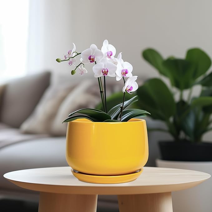 G EPGardening Ceramic Pots for Plants - 7 Inch Plant Pot with Drainage Hole and Saucer Modern Ceramic Planter for Indoor Outdoor Round Flower Planter Gifts for Plants Lovers Home Decor Yellow