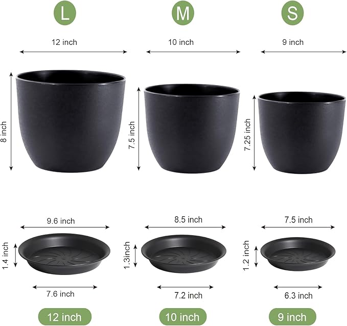 12/10/9 Large Modern Plant Pots Plastic Planters with Drainage Holes and Saucers for Indoor Outdoor Plants Flowers Black