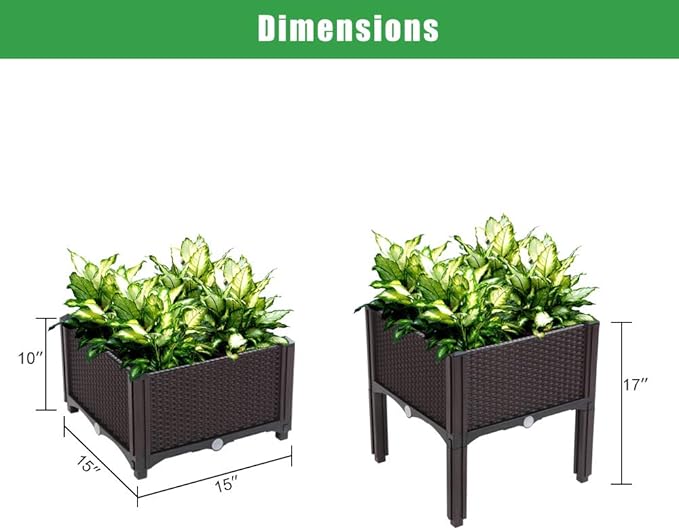 Outdoor 2Pcs Plastic Raised Garden Bed Self-Watering Plastic Planter Garden Free Splicing Injection Planting Box Stand (Brown)