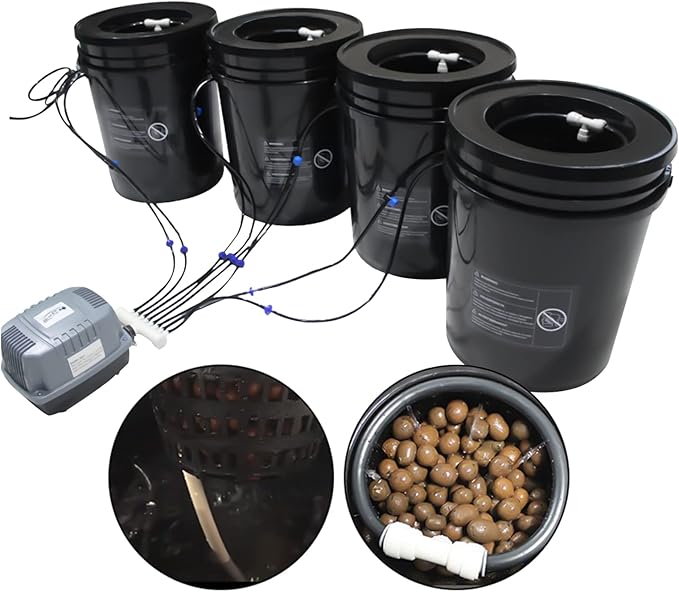 DWC Hydroponics Growing System 5-Gallon Deep Water Culture Recirculating Drip Garden System with Multi-Purpose Air Hose Air Pump and Air Stone (4 Bucket + Reservoir Kit)