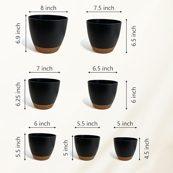 LIFFY Plant Pots 87.576.565.55 Inch Plastic Self Watering Planters with Drainage Holes &amp Saucers 7-Pack Black Nursery Planting Pot with Deep Reservoir for Indoor Outdoor Plants