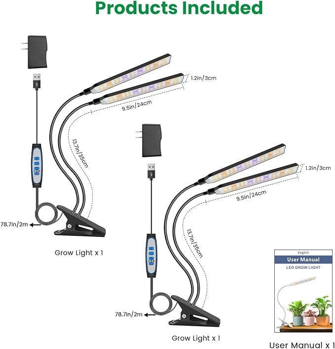 Grow Light Clip on 2 Pack 228 LED Full Spectrum Plant Lights for Indoor Growing 2 Head Black Arm Grow Lamp with Gooseneck 6/12/16H Timer 5 Dimming 3 Light Mode