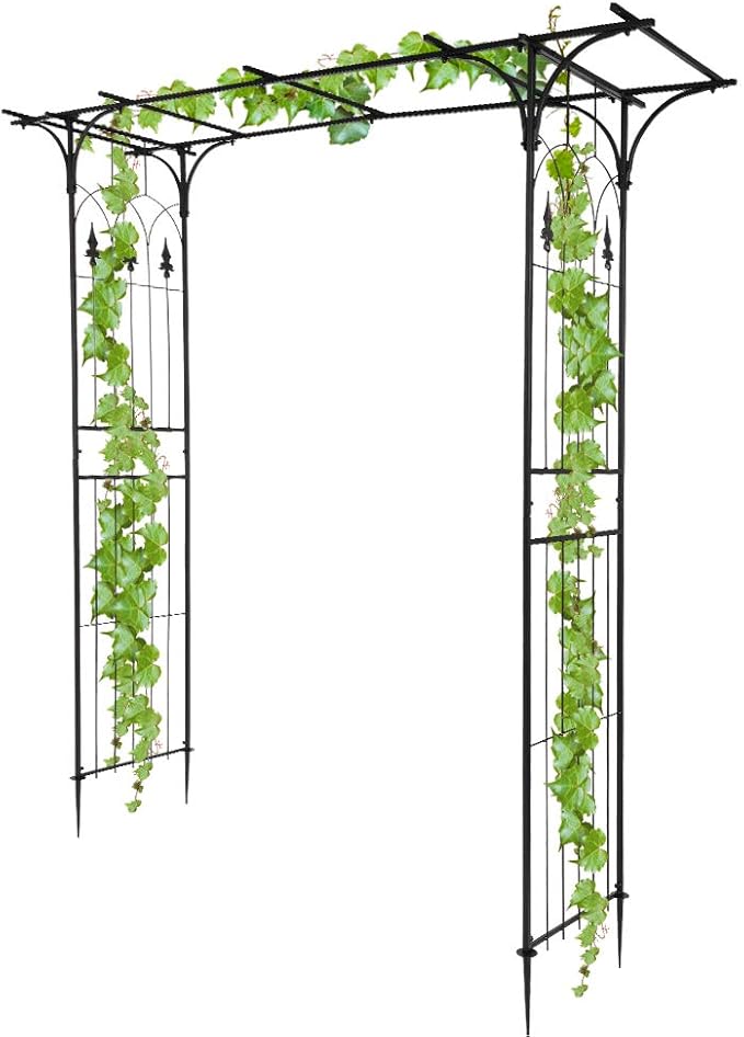 Metal Garden Arch Ornamental Outdoor Garden Plant Trellis Wedding Party Bridal Party Decoration (Black Flat Roof)